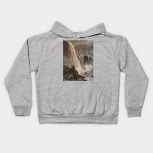 Skjeggedal, Norway waterfall illustration in black and white, 1800s, historical nature Kids Hoodie